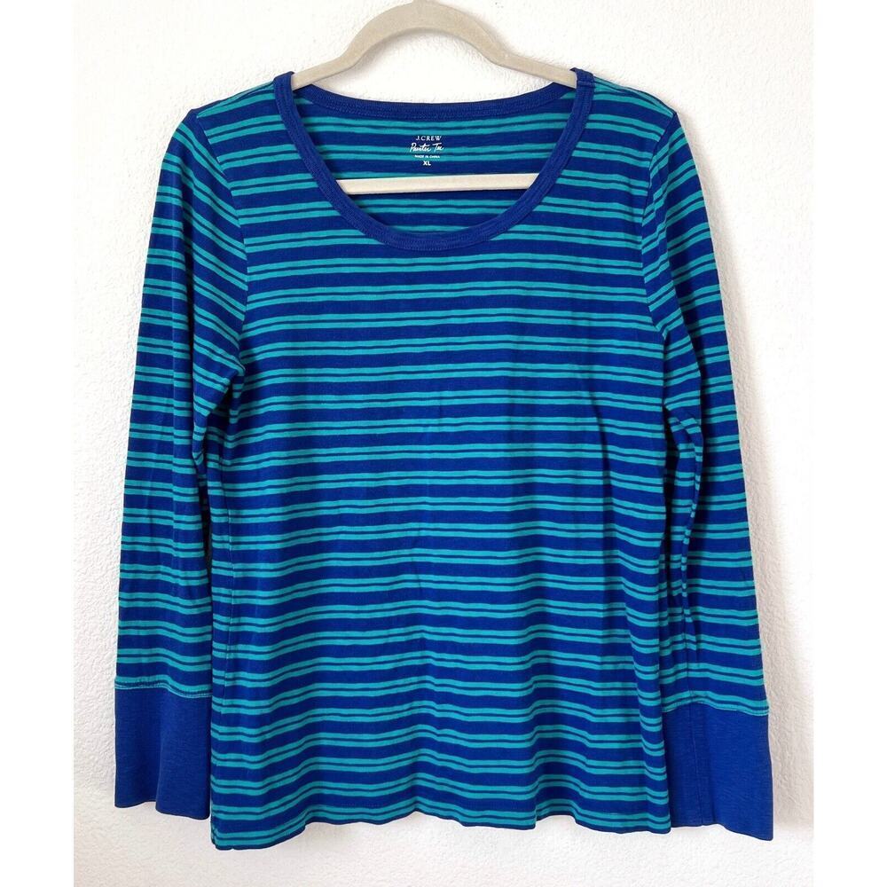 J Crew Womens Painter Tee Size XL Long Sleeve Striped Blue Green Shirt Cotton